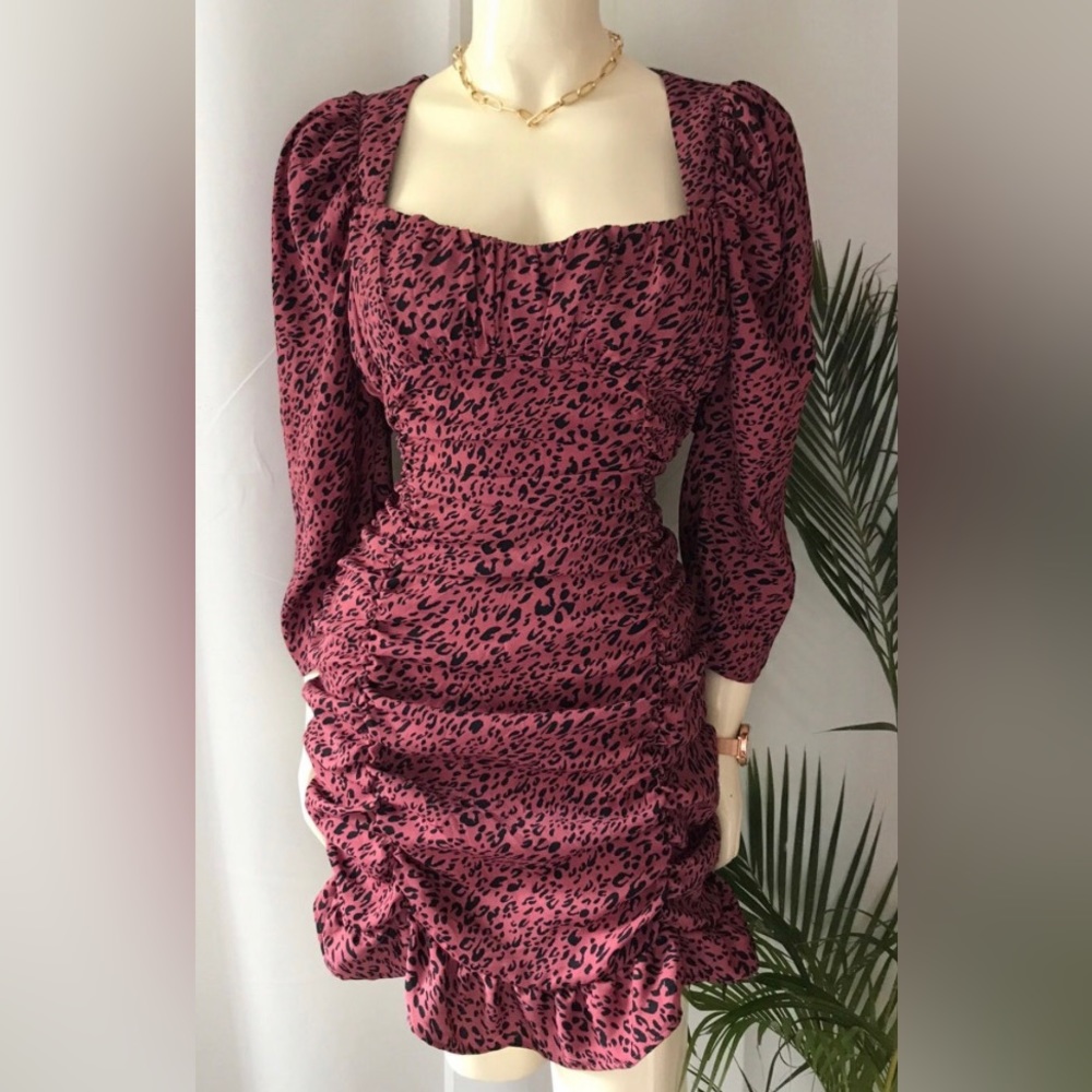 ZARA Maroon Cheetah Print Dress BALLON Sleeve Draped Mini Dress SZ L